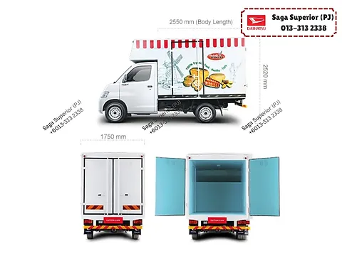 Daihatsu Gran Max luton van dimensions: 2,550 mm body length, 2,520 mm height, rear doors and cargo box