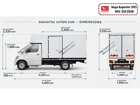 Daihatsu Gran Max luton van dimension drawing: 4,450 mm length, 1,850 mm width, 2,520 mm height