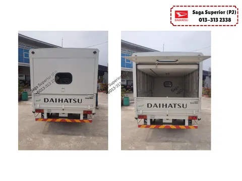 Rear view of our Gran Max pasar malam hawker van, rear door closed and lifted open