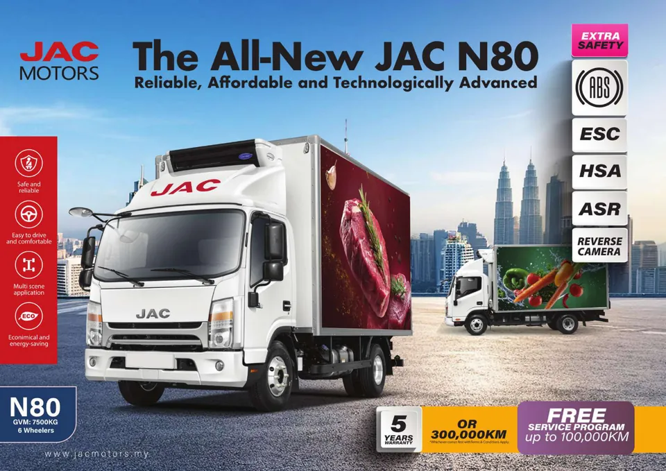 JAC N80 6-wheeler lorry, 7,500 kg GVW, Euro 4, with a refrigerated box body